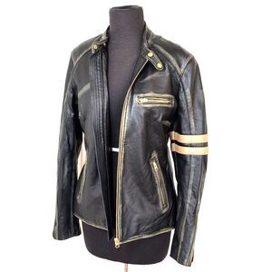 Women's Black Leather Bomber Jacket with Gold Accents
